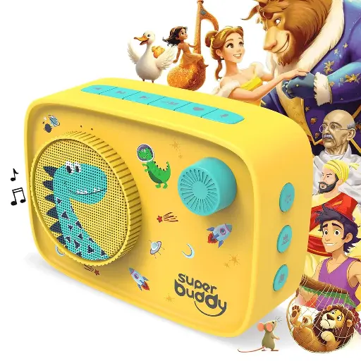 SuperBuddy Kids Screen-Free Audio Speaker, 900+ Preloaded Stories & Rhymes, Learning Toy with Voice Recording, New Content Upgrade, Bluetooth, for Boys & Girls Ages 3-10 (Dino)